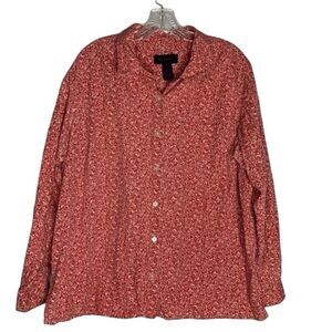 Vintage Denim & Co Red Pink Floral Long Sleeve Cotton Button Down 1X Plus Size